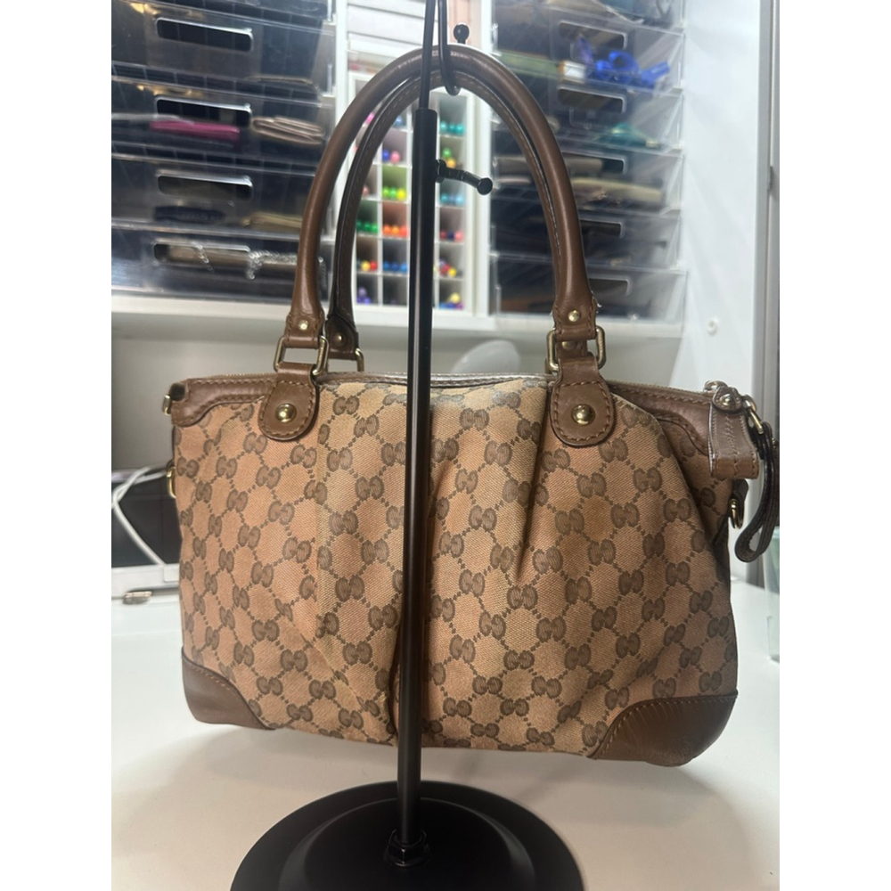 Women's Gucci Monogram Canvas Leather Trim Satchel Bag Brown/Tan One Size - Picture 7 of 16